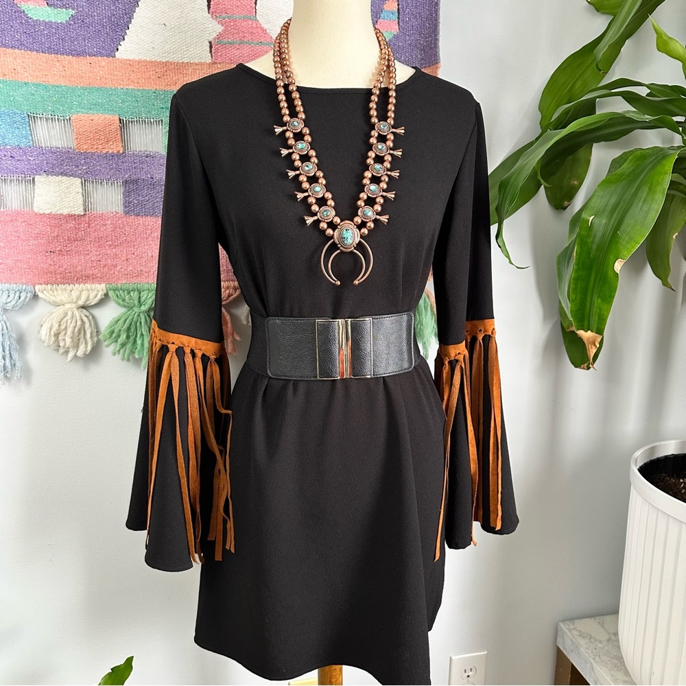 Witchy western Whimsigoth fringe bell sleeve dress,70s Inspired Goth Bohemian B2